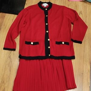 Red Knit Sweater and Skirt Set with Black Trim and Gold Buttons